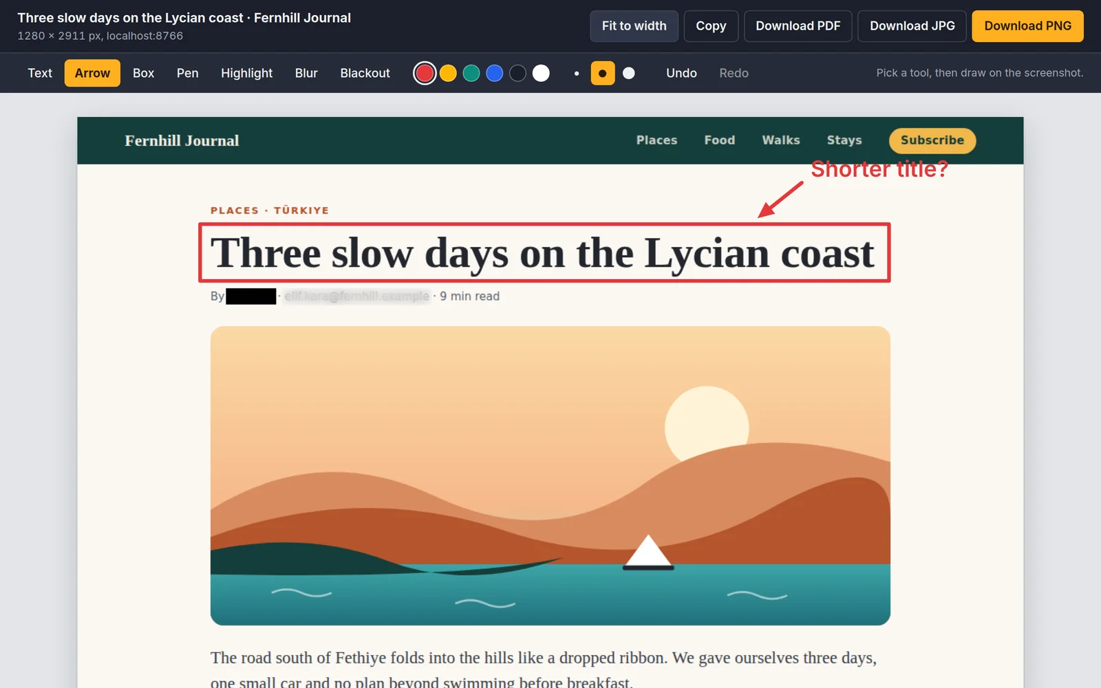 The PageReel editor: a captured article with the headline boxed, a note reading “Shorter title?”, the author’s name blacked out and an email address blurred