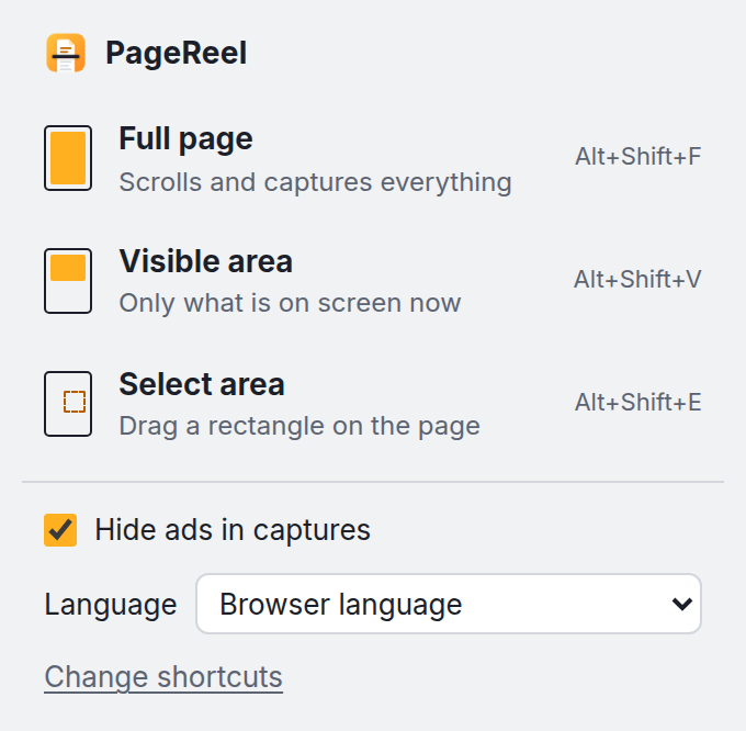 The PageReel menu: Full page, Visible area, Select area, and a switch to hide ads
